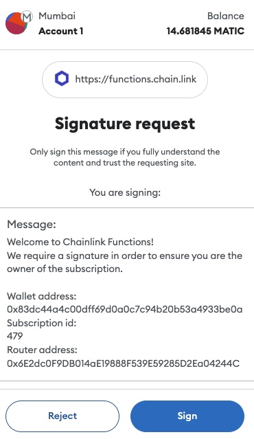 Chainlink Functions sign message ToS Metamask